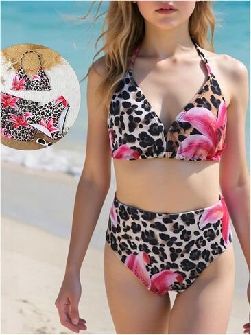 Girl's 3 Piece Leopard Bikini Set Floral Cheetah Halter Triangle Swimsuit with Beach Cover Up Skirt in Saudi Arabia