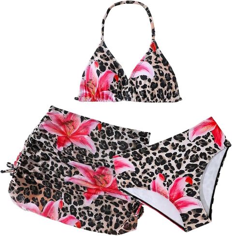 Girl's 3 Piece Leopard Bikini Set Floral Cheetah Halter Triangle Swimsuit with Beach Cover Up Skirt in Saudi Arabia