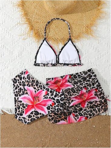 Girl's 3 Piece Leopard Bikini Set Floral Cheetah Halter Triangle Swimsuit with Beach Cover Up Skirt in Saudi Arabia