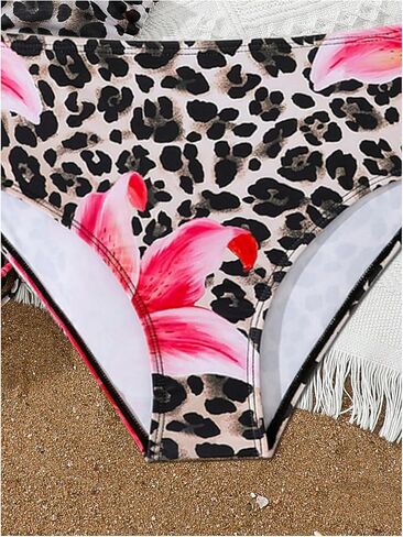 Girl's 3 Piece Leopard Bikini Set Floral Cheetah Halter Triangle Swimsuit with Beach Cover Up Skirt in Saudi Arabia