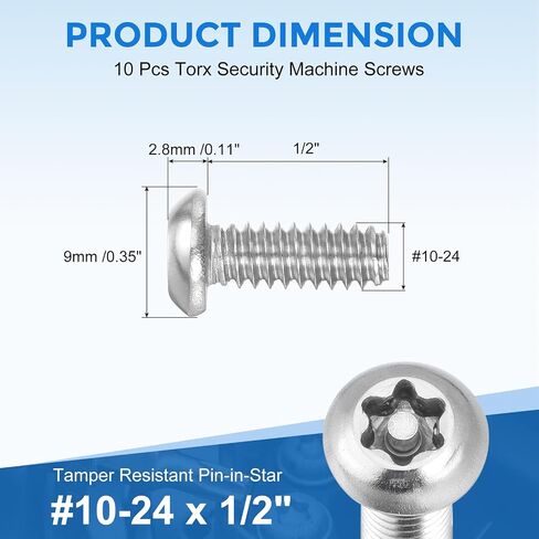 UXCELL 10pcs #10-24 × 1/2 "مسامير آلة أمان Torx ، 304 مسامير الرأس الفولاذ المقاوم للصدأ مقاوم للعبث مقاوم للملفقة المضادة للسرقة ، الفضة in Saudi Arabia