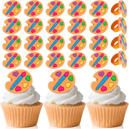 24 PCS Palette Cupcake Toppers Dessert Ring Cupcake Topper Art Paint Cake Toppers Painting Graffiti Art Party Favors Birthday Party Baby Shower Decor Supplies in Saudi Arabia