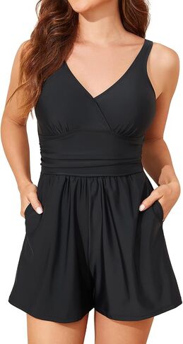 Smismivo Swim Rompers for Women Tummy Control One Piece Swimsuits with Shorts and Pockets Modest Bathing Suits Full Coverage in Saudi Arabia