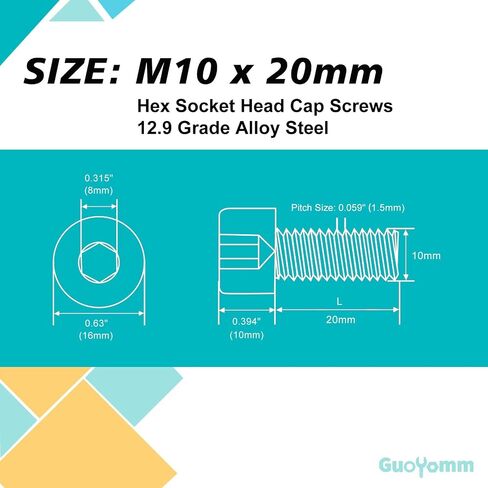 M10-1.5 x 20mm 10pcs Hex Socket Head Cap Screws Bolts, 12.9 Grade Alloy Steel, Black Oxide Finish, Metric Allen Drive, Full Thread in Kuwait
