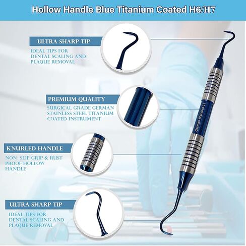 Dental Anterior Posterior Sickle Scaler H6/H7 Periodontal Instrument, Stainless Steel Oral Hygiene Instrument, Hollow Handle Blue Titanium Coated Double Ended Dental Veterinary Instrument in Saudi Arabia