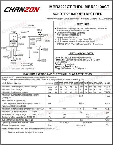 (حزمة من 5 قطع) Chanzon MBR30100PT SCHOTTKY BARRIRER DIDES 30A 100V TO-3P (TO-247AD) 30 AMP 100 VOLT in Saudi Arabia