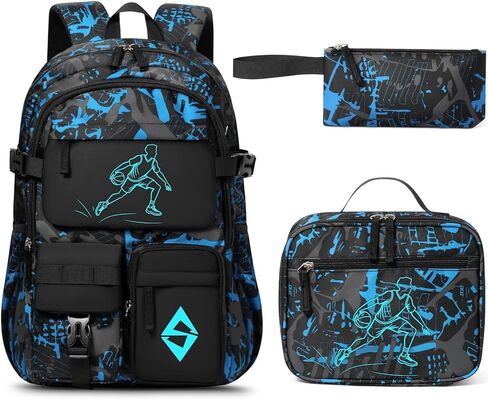 Fimibuke Backpack for School Boys, 3 PCS Cool Luminous Kids Backpacks with Lunch Box & Pencil Pouch, Toddler Teen Glow in The Dark Backpack Bookbag Schoolbag Set for Elementary to High School Students in Kuwait