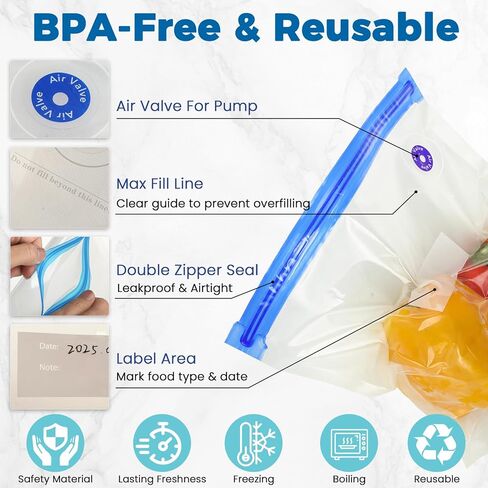 60 Pcs Reusable Vacuum Sealer Bags for Food, 3 Size BPA-Free Vacuum Storage Bags with Sealing Clips & Leak-Proof Design for Sous Vide Cooking, Freezer, Microwave Heating in Kuwait