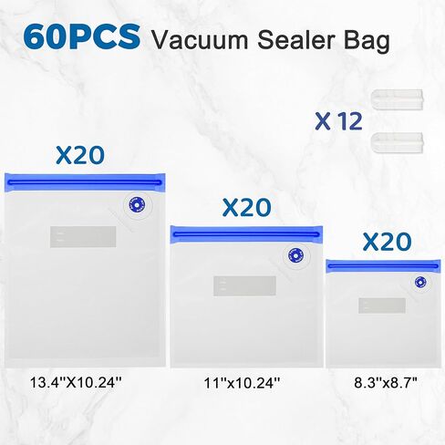 60 Pcs Reusable Vacuum Sealer Bags for Food, 3 Size BPA-Free Vacuum Storage Bags with Sealing Clips & Leak-Proof Design for Sous Vide Cooking, Freezer, Microwave Heating in Kuwait