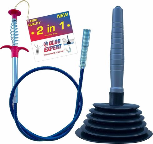 Sink and Toilet Plunger & Hair Clog Remover 34 inch 2 in 1 Kit - Drain Snake and Plunger for Sinks, Kitchens, Toilets, Bathrooms and Showers in Saudi Arabia