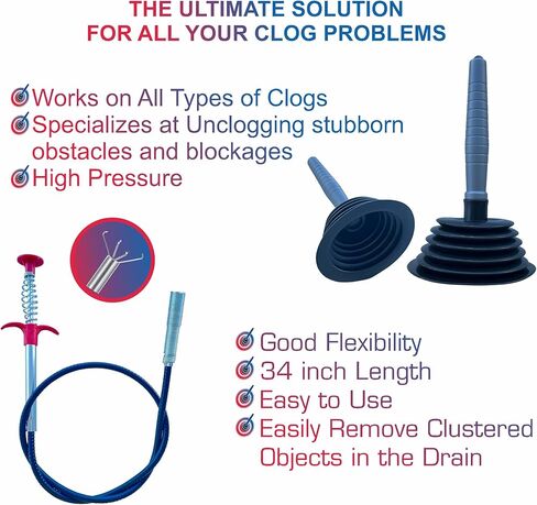 Sink and Toilet Plunger & Hair Clog Remover 34 inch 2 in 1 Kit - Drain Snake and Plunger for Sinks, Kitchens, Toilets, Bathrooms and Showers in Saudi Arabia