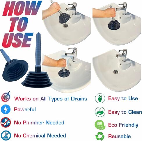 Sink and Toilet Plunger & Hair Clog Remover 34 inch 2 in 1 Kit - Drain Snake and Plunger for Sinks, Kitchens, Toilets, Bathrooms and Showers in Saudi Arabia