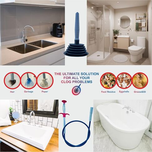 Sink and Toilet Plunger & Hair Clog Remover 34 inch 2 in 1 Kit - Drain Snake and Plunger for Sinks, Kitchens, Toilets, Bathrooms and Showers in Saudi Arabia