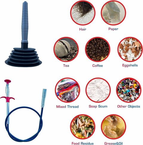Sink and Toilet Plunger & Hair Clog Remover 34 inch 2 in 1 Kit - Drain Snake and Plunger for Sinks, Kitchens, Toilets, Bathrooms and Showers in Saudi Arabia