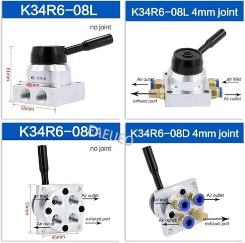 1PCS اليدوي اليدوي الهوائي الصمام الدوار K34R6-8D/K34R6-8L صمام التحكم في صمامات الصمام يدوي 3 بوضع 4-WWAY (K34R6-08D ، مفصل 10 مم) in Saudi Arabia