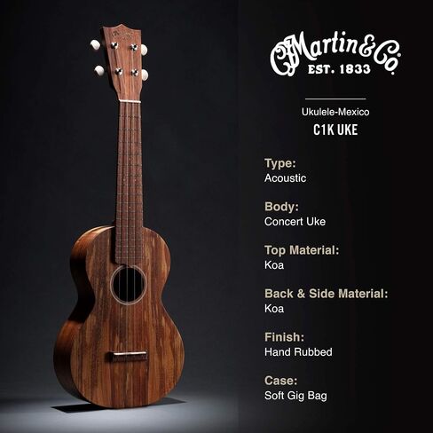 Martin Guitar C1K Acoustic Ukulele with Gig Bag, Hawaiian Koa Wood Construction, Hand-Rubbed Finish, Concert Ukulele Neck Shape with Standard Taper in Saudi Arabia
