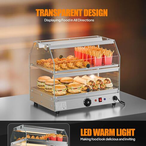 ROVSUN 2-Tier Food Warmer Pizza Warmer Countertop, Food Warmer Display Pretzel Warmer with LED Lighting Front and Rear Doors, Electric Catering Hot Box Acrylic for Buffet Restaurant Cafe in Kuwait