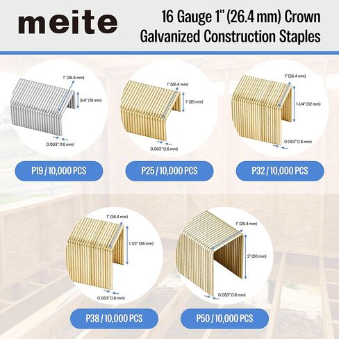 Meite 16 Gauge Wide Crown Staples ، 1 1/2 بوصة 16 GA طول الأسلاك الثقيلة ذات الطابع الدباني للبناء المجلفن من أجل MEITE PW2638-L CROWN PUNS (10،000 pcs) (1 inch-26.4 mm) in Saudi Arabia