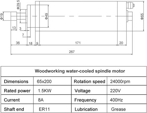 1.5kW ER11 CNC مغزل مياه ماء 220 فولت 400Hz 24000 دورة في الدقيقة 4 محامل 65x200mm in Saudi Arabia