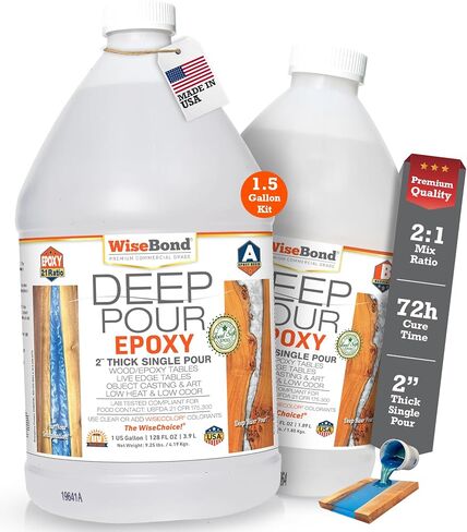 WiseBond Deep Pour Resin epoxy 3 Gallon Kit ، 2 "صب كائن سميك ، مصنوع في الولايات المتحدة ، لمعان مرتفع واضح ، خالي من الفقاعات ، علاج بطيء DIY 2: 1 ، طاولة النهر ، العفن ، الفن ، الخشب ، الأشعة فوق البنفسجية المقاومة in Saudi Arabia