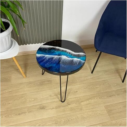 Classic Custom Wood Blue Epoxy Round Coffee Table, Dining Table, Living Table, Multi Ocean Wave Table (24 inch) in Saudi Arabia