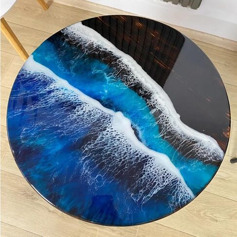 Classic Custom Wood Blue Epoxy Round Coffee Table, Dining Table, Living Table, Multi Ocean Wave Table (24 inch) in Saudi Arabia
