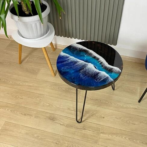 Classic Custom Wood Blue Epoxy Round Coffee Table, Dining Table, Living Table, Multi Ocean Wave Table (24 inch) in Saudi Arabia