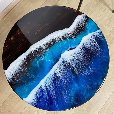 Classic Custom Wood Blue Epoxy Round Coffee Table, Dining Table, Living Table, Multi Ocean Wave Table (24 inch) in Saudi Arabia
