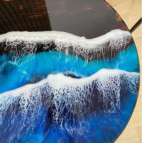 Classic Custom Wood Blue Epoxy Round Coffee Table, Dining Table, Living Table, Multi Ocean Wave Table (24 inch) in Saudi Arabia
