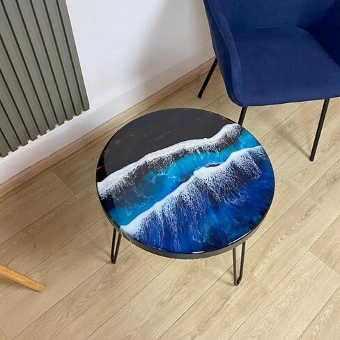 Classic Custom Wood Blue Epoxy Round Coffee Table, Dining Table, Living Table, Multi Ocean Wave Table (24 inch) in Saudi Arabia