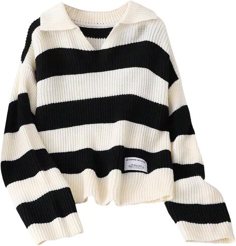 WDIRARA Girl's Striped Sweater Collar Long Sleeve Pullover Letter Patched Knitted Top in Saudi Arabia