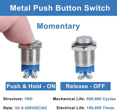 2Pcs 12mm Momentary Metal Waterproof Push Button Switch 12V 24V 110V 250V 2A 1NO 1/2" Mounting Hole Screw Terminals Raised Head in Kuwait