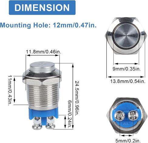2Pcs 12mm Momentary Metal Waterproof Push Button Switch 12V 24V 110V 250V 2A 1NO 1/2" Mounting Hole Screw Terminals Raised Head in Kuwait