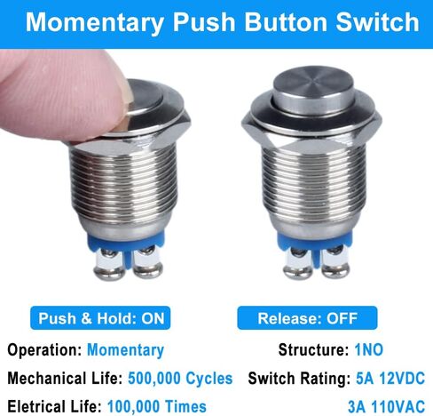 2Pcs 12mm Momentary Metal Waterproof Push Button Switch 12V 24V 110V 250V 2A 1NO 1/2" Mounting Hole Screw Terminals Raised Head in Kuwait