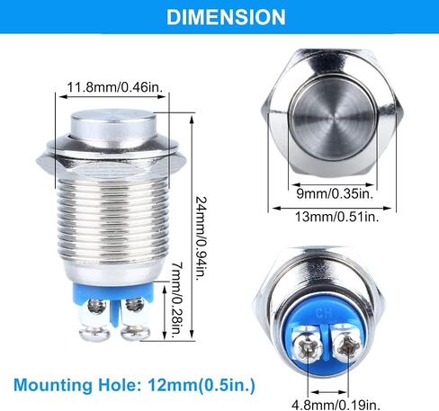 2Pcs 12mm Momentary Metal Waterproof Push Button Switch 12V 24V 110V 250V 2A 1NO 1/2" Mounting Hole Screw Terminals Raised Head in Kuwait