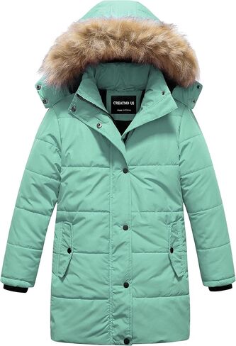 CREATMO US Girl's Winter Fleece Lined Long Parka Puffer Coat Thicken Ski Jacket With Fur Trim Hood in Saudi Arabia