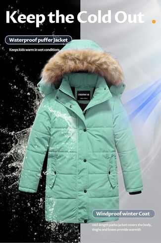 CREATMO US Girl's Winter Fleece Lined Long Parka Puffer Coat Thicken Ski Jacket With Fur Trim Hood in Saudi Arabia