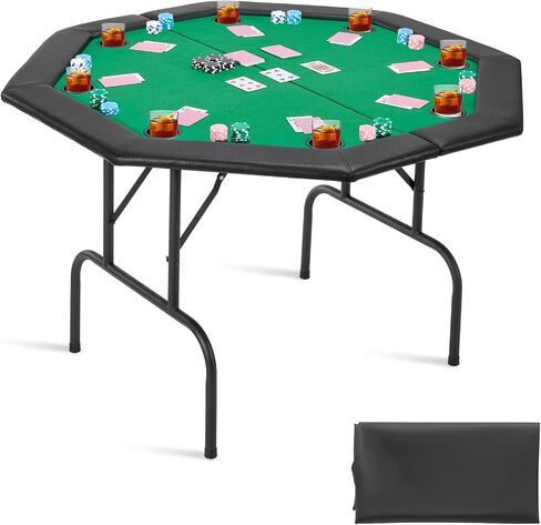 VEVOR Foldable Poker Table, 8 Player 48 in Folding Casino Leisure Table with Padded Rails & Cup Holders, Octagonal Portable Game Tables with Felt & Metal Legs, for Texas Hold'em Game and Blackjack in Saudi Arabia