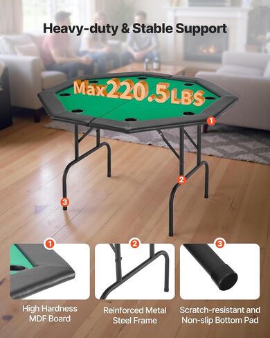 VEVOR Foldable Poker Table, 8 Player 48 in Folding Casino Leisure Table with Padded Rails & Cup Holders, Octagonal Portable Game Tables with Felt & Metal Legs, for Texas Hold'em Game and Blackjack in Saudi Arabia