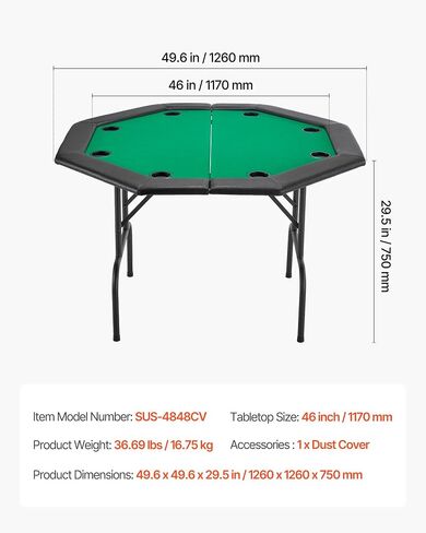 VEVOR Foldable Poker Table, 8 Player 48 in Folding Casino Leisure Table with Padded Rails & Cup Holders, Octagonal Portable Game Tables with Felt & Metal Legs, for Texas Hold'em Game and Blackjack in Saudi Arabia
