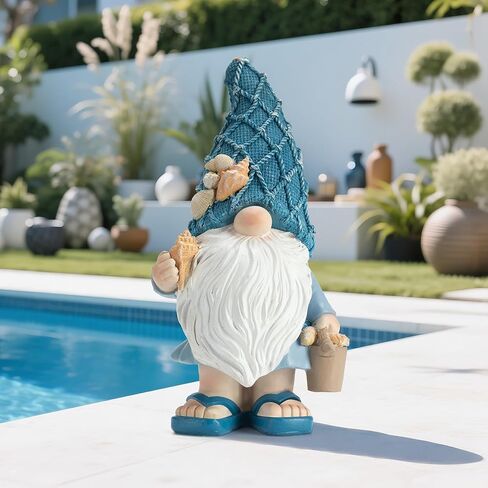 Garden Sea Gnome Statue Decoration Indoor Resin Beach Gnome Sculpture for Home Office Desktop Bathroom, Summer Pool Decoration Gifts (Carrying Bucket of Shells) in Kuwait