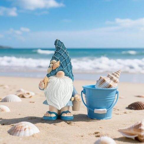 Garden Sea Gnome Statue Decoration Indoor Resin Beach Gnome Sculpture for Home Office Desktop Bathroom, Summer Pool Decoration Gifts (Carrying Bucket of Shells) in Kuwait