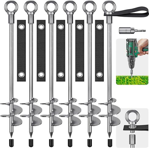 Fully Welded Ground Trampoline Anchors, 30'' Spiral Mobile Home Anchors, 6pcs Earth Anchor Heavy Duty Shed Anchor Kit with Straps for Securing Swing Sets, Animals, Trees, Tents, Shed, Carport in Kuwait