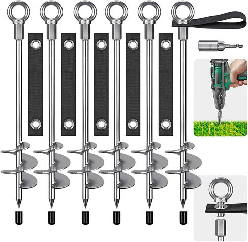 Fully Welded Ground Trampoline Anchors, 30'' Spiral Mobile Home Anchors, 6pcs Earth Anchor Heavy Duty Shed Anchor Kit with Straps for Securing Swing Sets, Animals, Trees, Tents, Shed, Carport in Kuwait