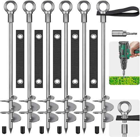 Fully Welded Ground Trampoline Anchors, 30'' Spiral Mobile Home Anchors, 6pcs Earth Anchor Heavy Duty Shed Anchor Kit with Straps for Securing Swing Sets, Animals, Trees, Tents, Shed, Carport in Kuwait