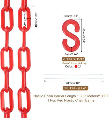 MECCANIXITY Plastic Chain 200 FT/61 M, Safety Chain Orange Plastic Chain Link Barrier with Zip Ties and S-Hooks for Crowd Control Queue Line Fence Decoration in Saudi Arabia