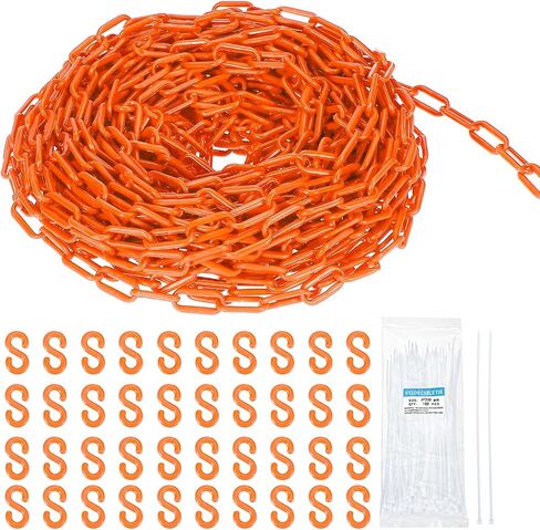 MECCANIXITY Plastic Chain 200 FT/61 M, Safety Chain Orange Plastic Chain Link Barrier with Zip Ties and S-Hooks for Crowd Control Queue Line Fence Decoration in Saudi Arabia