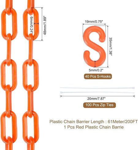 MECCANIXITY Plastic Chain 200 FT/61 M, Safety Chain Orange Plastic Chain Link Barrier with Zip Ties and S-Hooks for Crowd Control Queue Line Fence Decoration in Saudi Arabia
