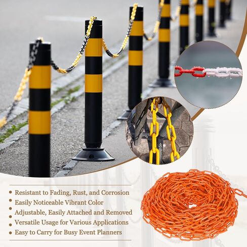 MECCANIXITY Plastic Chain 200 FT/61 M, Safety Chain Orange Plastic Chain Link Barrier with Zip Ties and S-Hooks for Crowd Control Queue Line Fence Decoration in Saudi Arabia