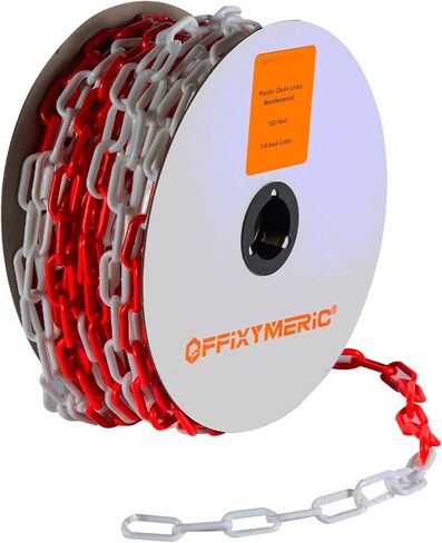 100-Feet Plastic Chain Links, 1.4-Inch Link, UV-Resistant Safety Barrier for Crowd Control, Queue Lines, Fences, Gates, Construction Sites, Lightweight & Weatherproof (White/Red) in Kuwait
